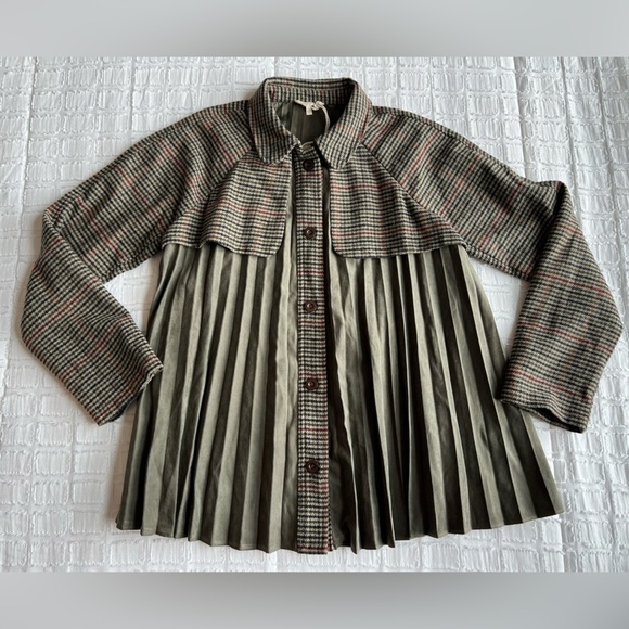 Mystree Wool Blend Button Down Jacket — Pleated Plaid & Faux Suede | NWT | Small - Picture 1 of 13